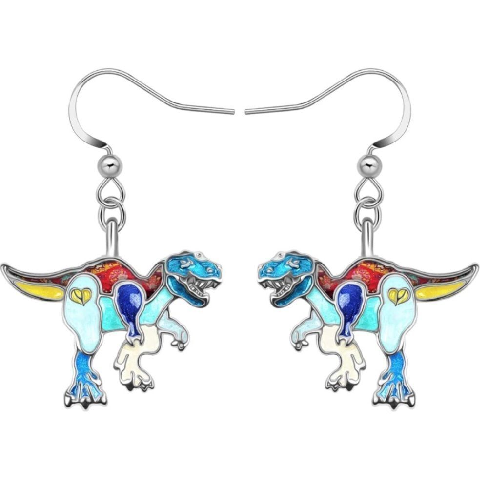 Silver with Multicolored Enamel T-Rex Dinosaur French Wire Drop Hook Earrings